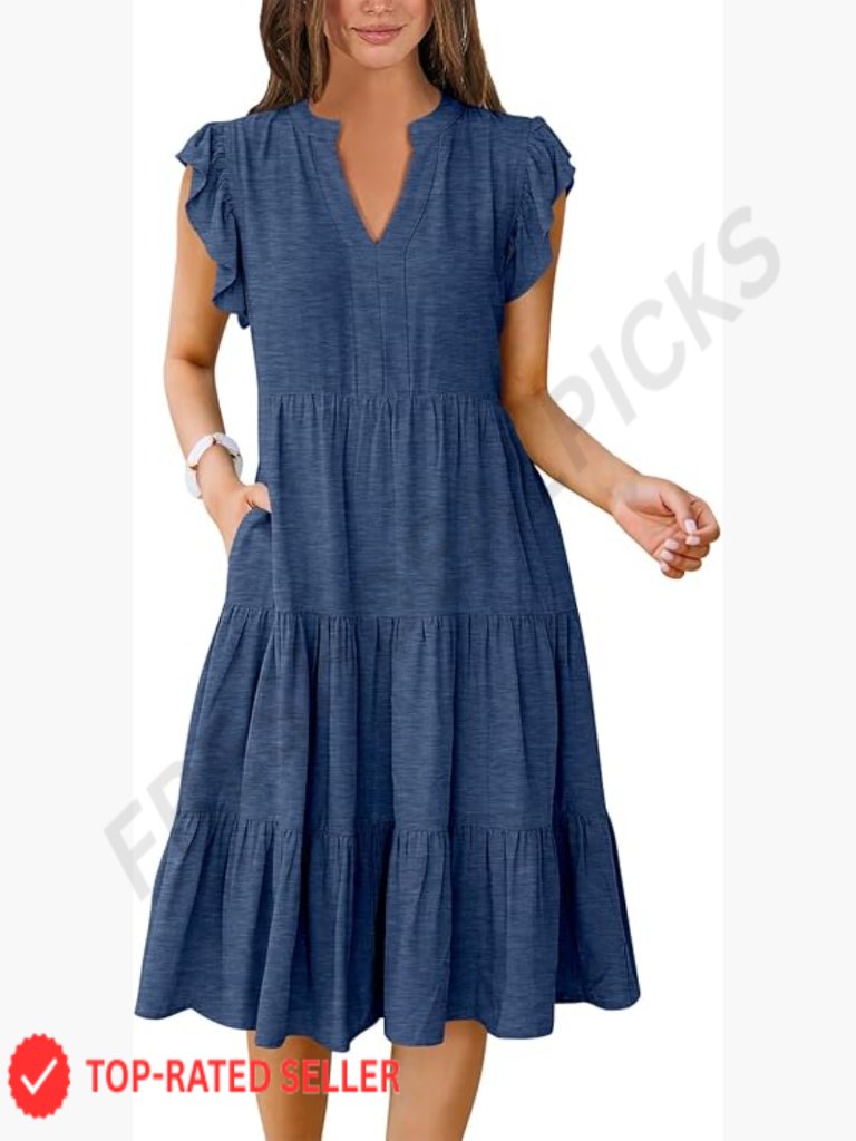 Ruffle Sleeve V Neck Midi Dress Flowy Tiered Boho Beach Vacation Sundress